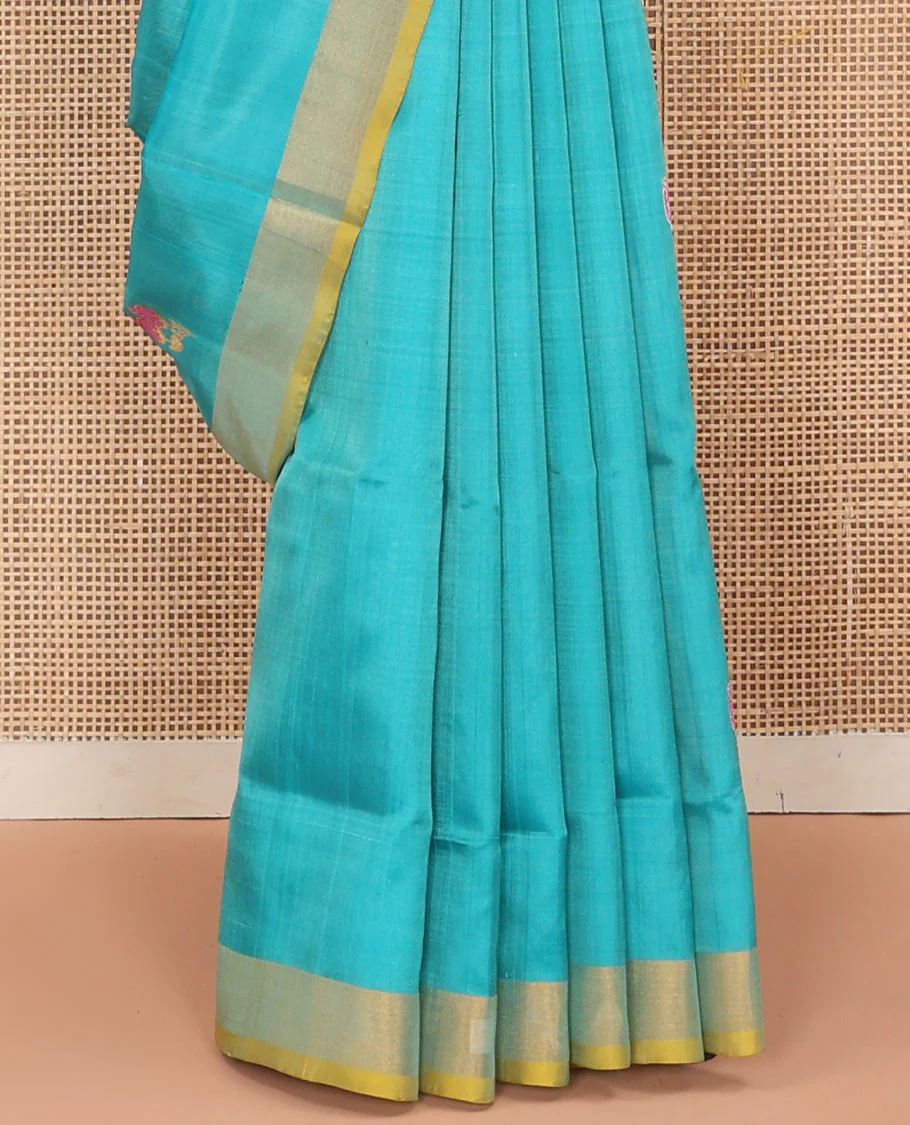 Sky Blue Uppada Silk Saree Elegantly Framed with Meena Floral Buttas, Complemented by a Contrast Bavanji Border, Pallu Steeped with Floral-Paisley Designs, and Paired with a Contrast Blouse - Image 4