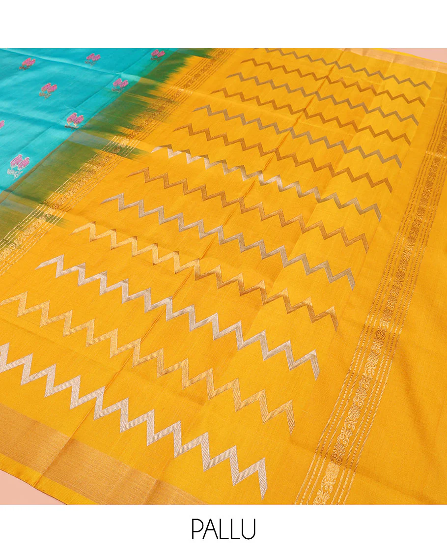 Sky Blue Uppada Silk Saree Elegantly Framed with Meena Floral Buttas, Complemented by a Contrast Bavanji Border, Pallu Steeped with Floral-Paisley Designs, and Paired with a Contrast Blouse - Image 5