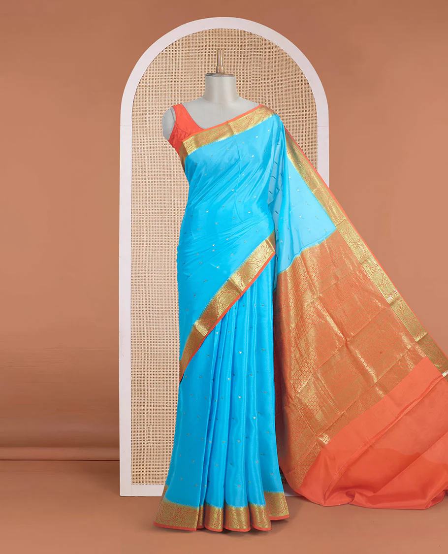 Sky blue zari buttas Mysore silk saree, contrast leaf creeper zari border, and floral zari design palllu - Image 2