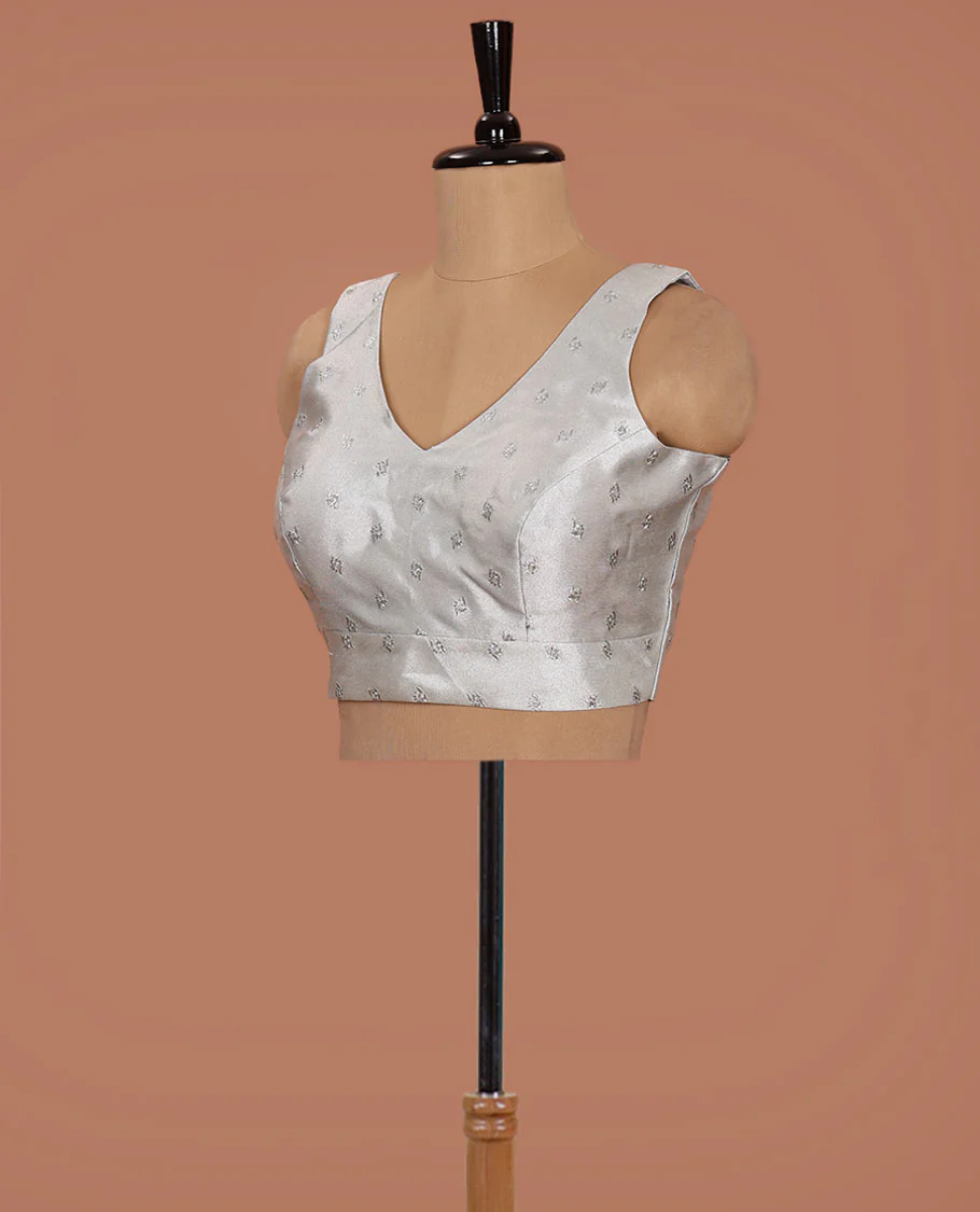 Sliver embroidered buttas front-back V-neck sleeveless readymade blouse