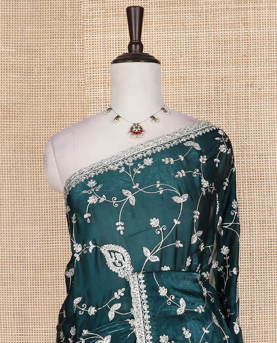Teal blue floral vine embroidered designer organza saree, embroidered scallop border - Image 3