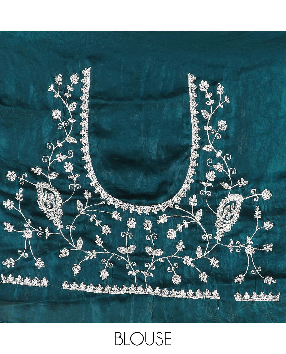 Teal blue floral vine embroidered designer organza saree, embroidered scallop border - Image 4