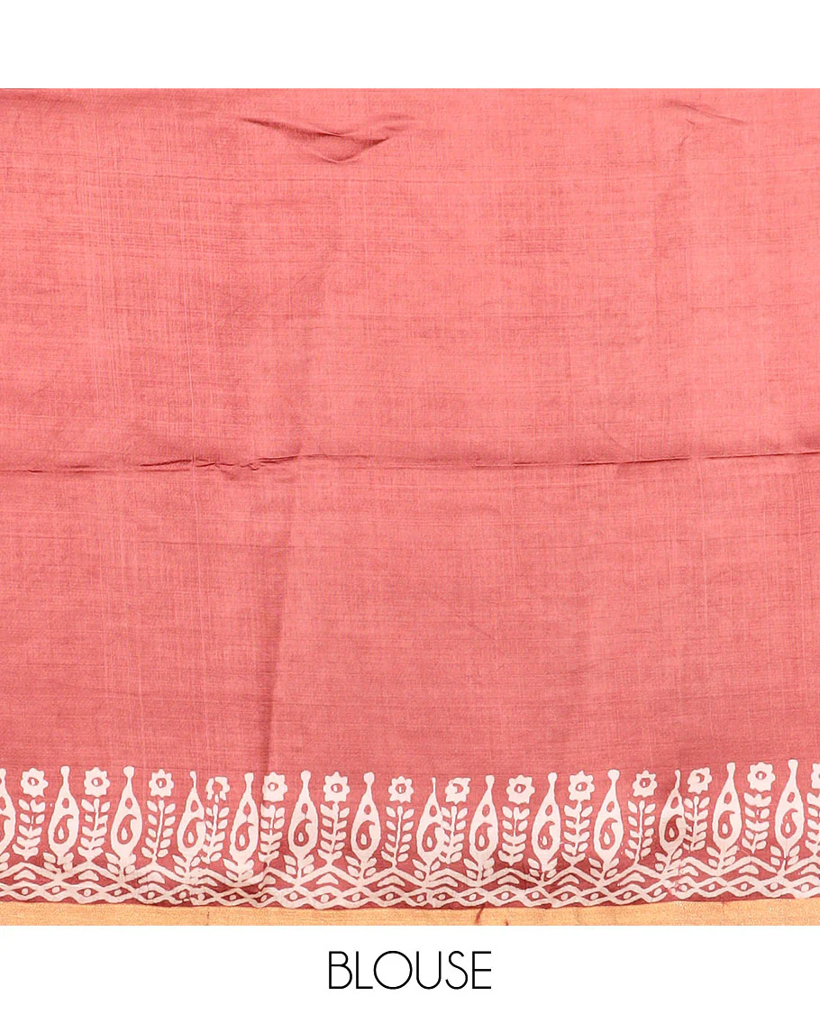 Terracotta red feather motifs printed banana pith saree, zari with print work border, and printed pallu - Image 5
