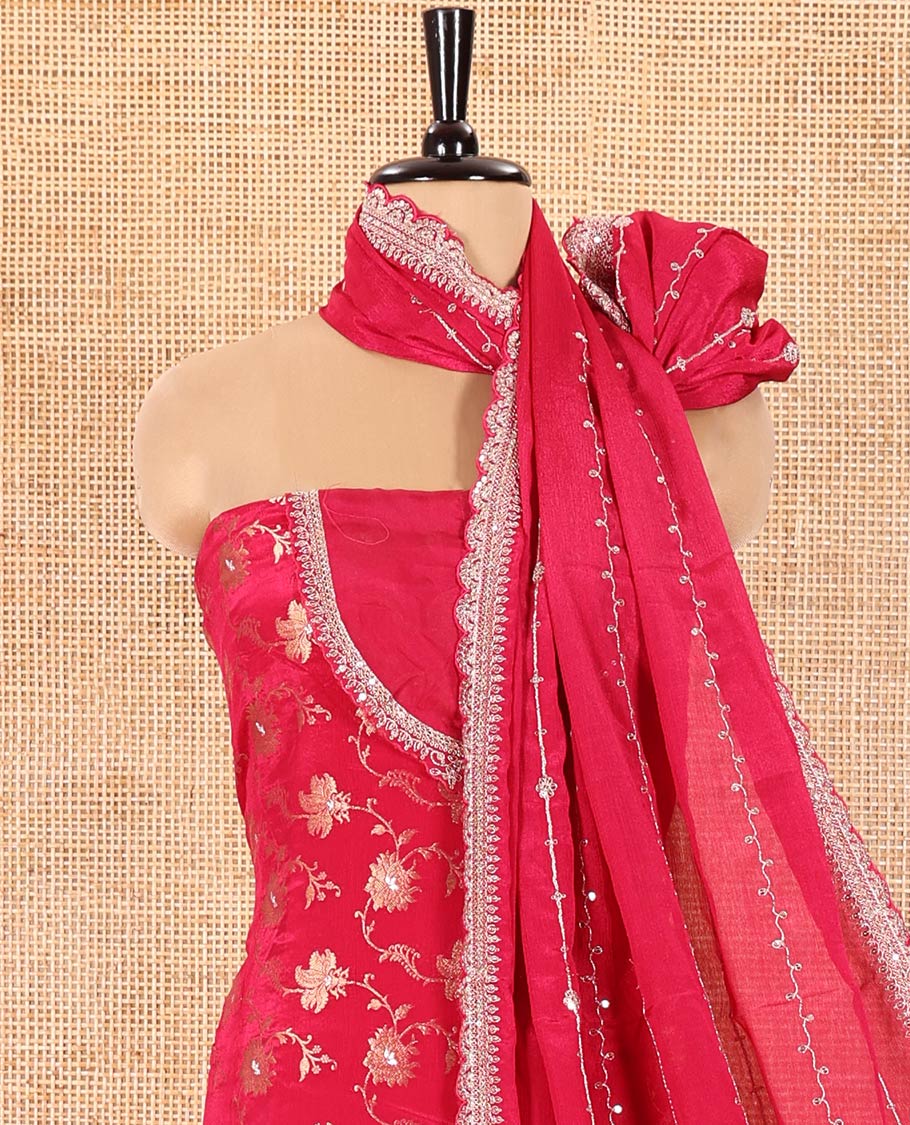 Tomato Pink Chudidar Set Prettified with Floral Jaal Jacquard Design Viscose Chinon Unstitched Top, Readymade Free Size Sharara Pants, and a Chinon Embroidered Scallop-Bordered Dupatta - Image 3