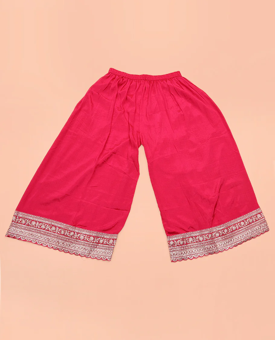 Tomato Pink Chudidar Set Prettified with Floral Jaal Jacquard Design Viscose Chinon Unstitched Top, Readymade Free Size Sharara Pants, and a Chinon Embroidered Scallop-Bordered Dupatta - Image 5
