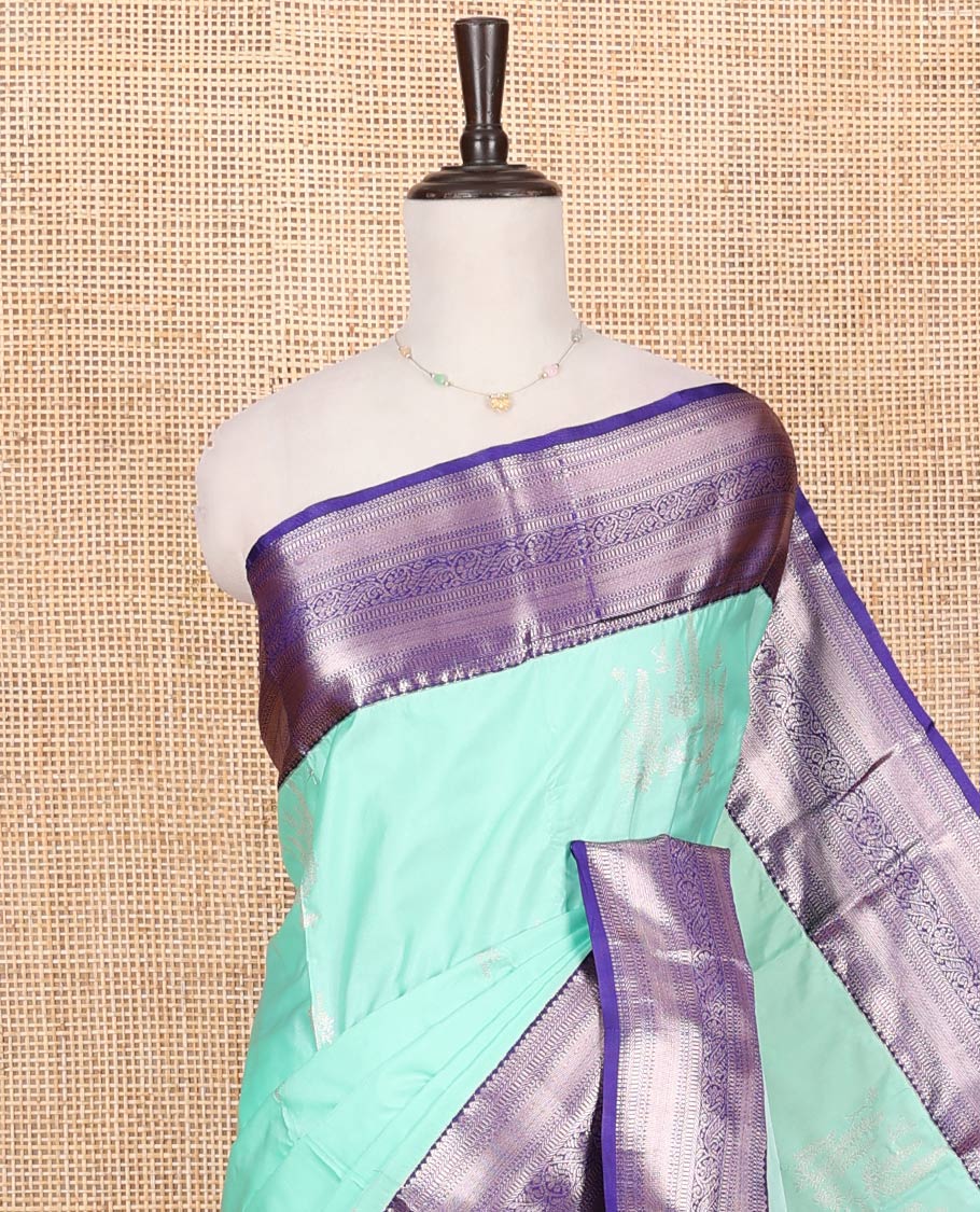 Turquoise Budget Silk Saree, Enthralled with Zari Buttas on Its Body, Complemented by a Contrast Traditional Zari Design Border, Chevron Striped Pallu, and Paired with a Contrast Blouse - Image 2