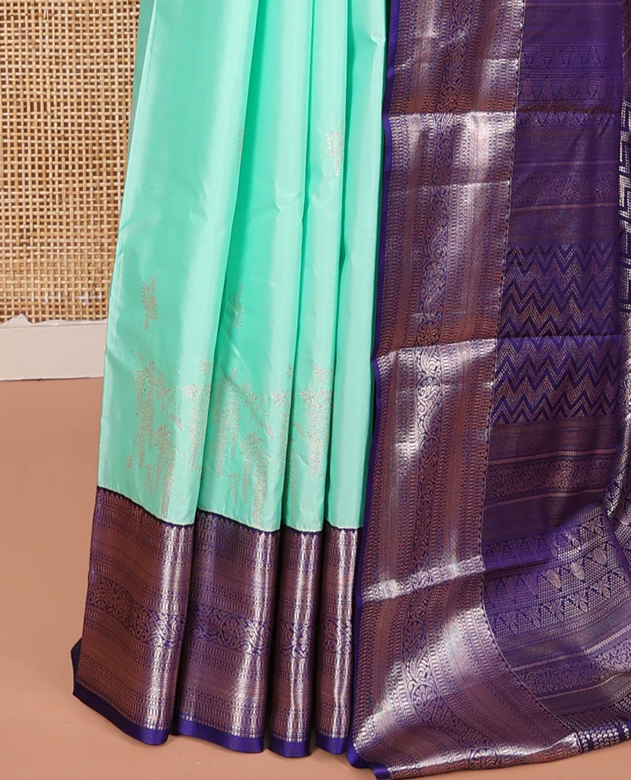 Turquoise Budget Silk Saree, Enthralled with Zari Buttas on Its Body, Complemented by a Contrast Traditional Zari Design Border, Chevron Striped Pallu, and Paired with a Contrast Blouse - Image 3