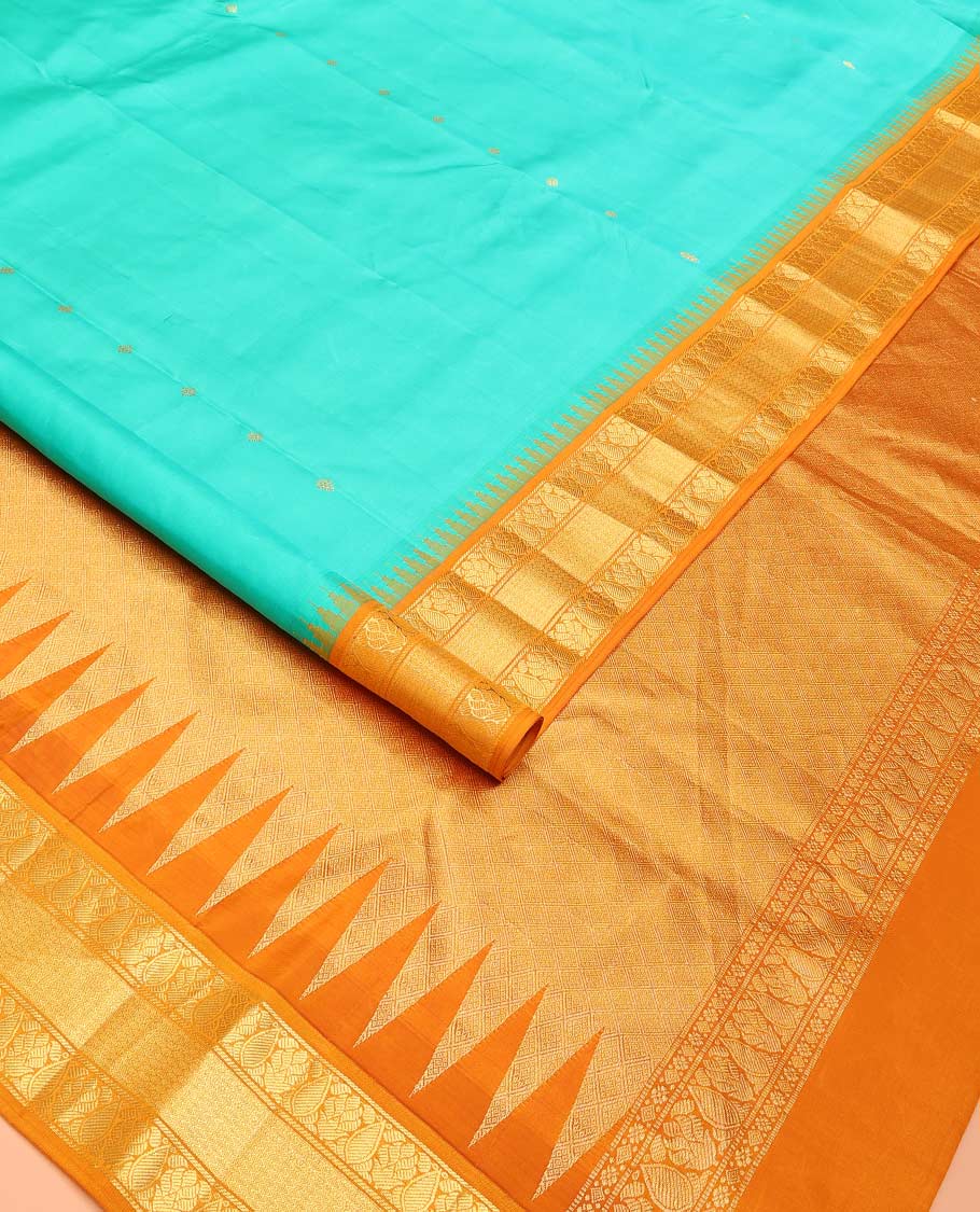 Turquoise buttas Bangalore silk saree, contrast temple traditional zari border, and pallu of jaal designs - Image 2