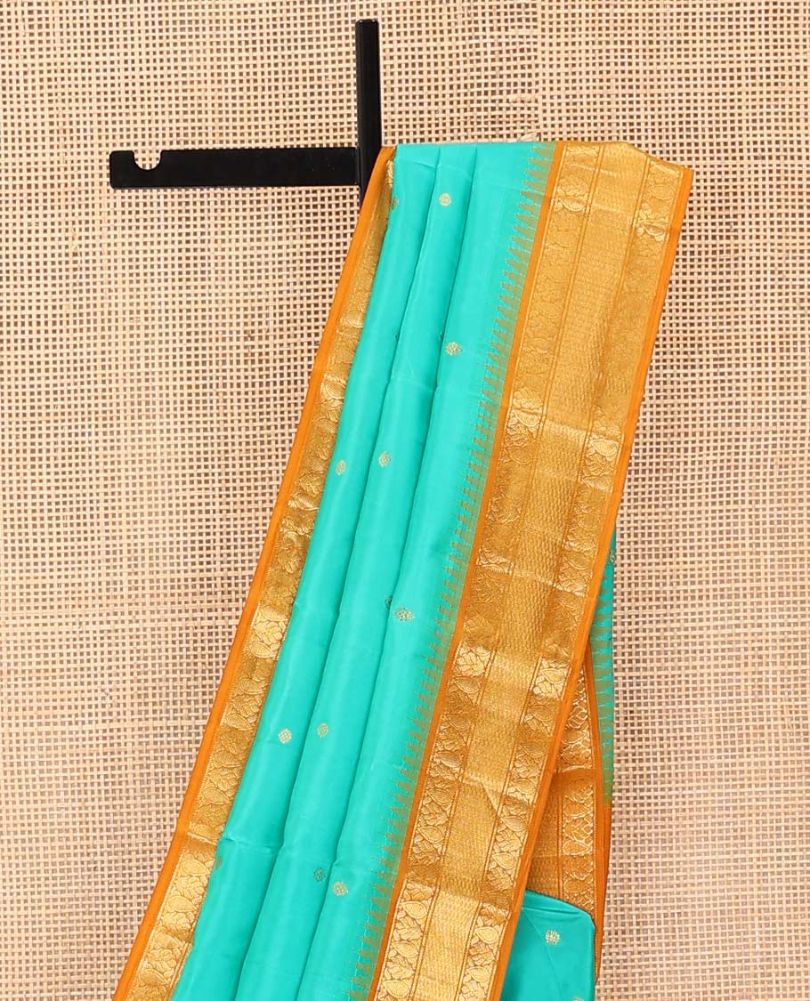 Turquoise buttas Bangalore silk saree, contrast temple traditional zari border, and pallu of jaal designs - Image 3