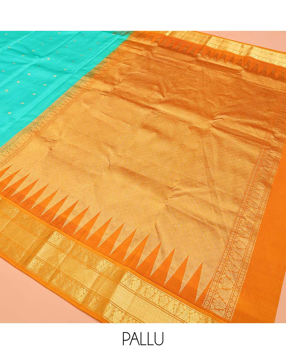 Turquoise buttas Bangalore silk saree, contrast temple traditional zari border, and pallu of jaal designs - Image 5