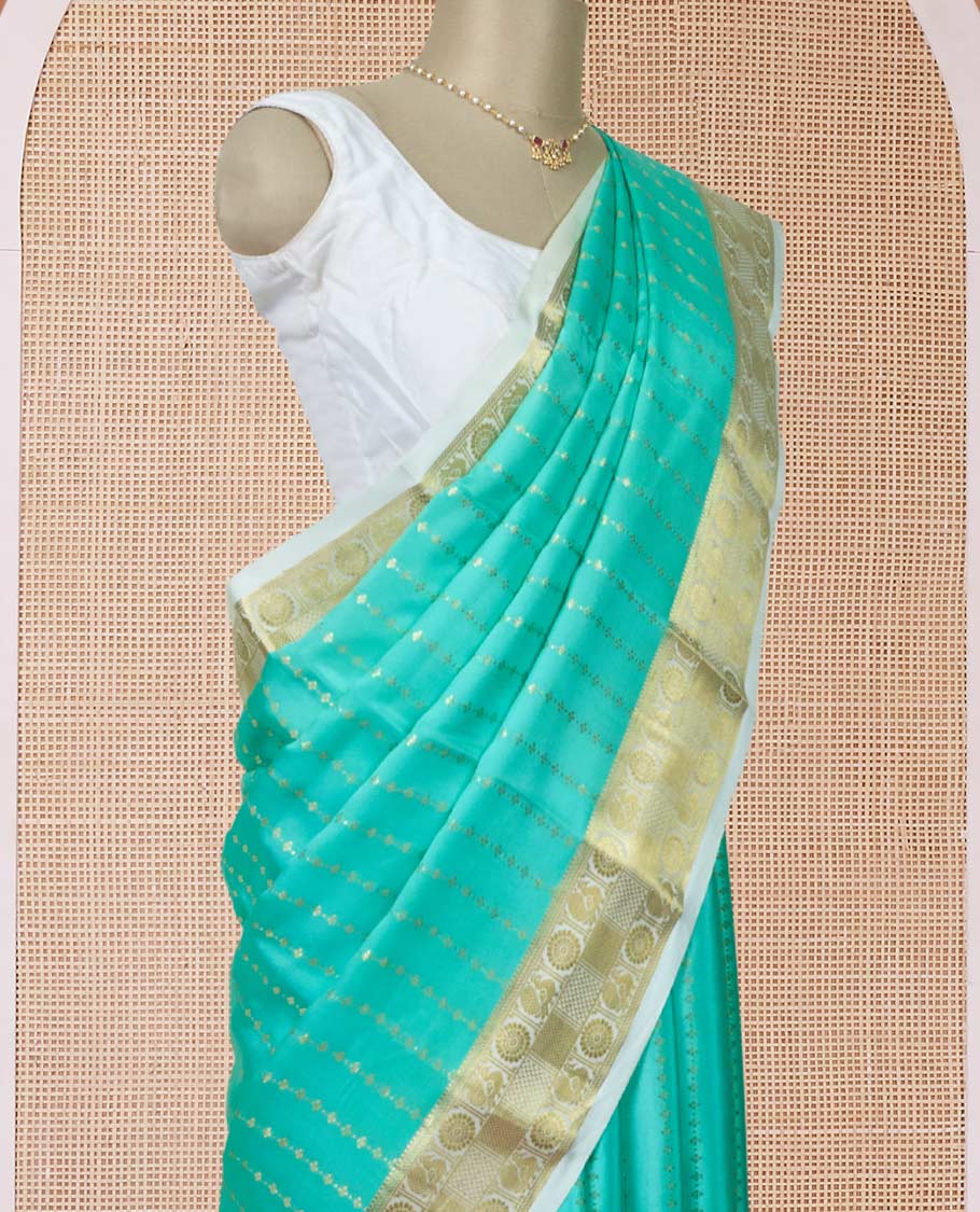 Turquoise zari buttas Mysore silk saree, contrast peacock and chakram zari border, and pallu steeped with traditional zari designs - Image 3