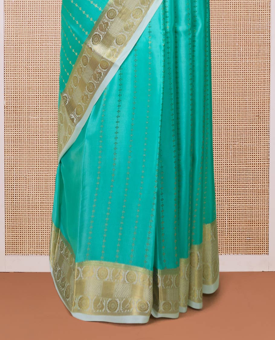 Turquoise zari buttas Mysore silk saree, contrast peacock and chakram zari border, and pallu steeped with traditional zari designs - Image 4