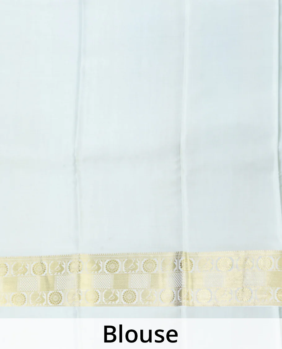 Turquoise zari buttas Mysore silk saree, contrast peacock and chakram zari border, and pallu steeped with traditional zari designs - Image 5