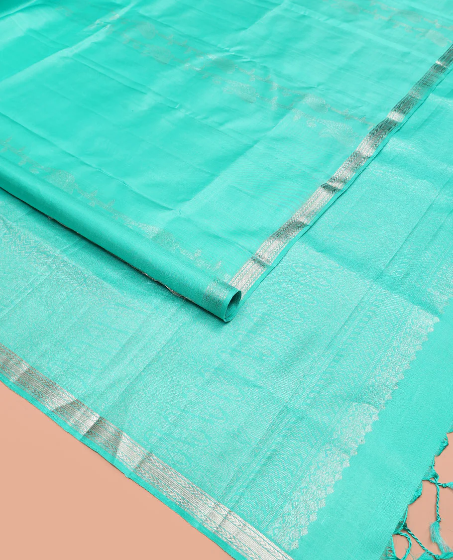 Turquoise zari design Mayuri soft silk saree, zari border of kathir designs, and zari-rich pallu - Image 2