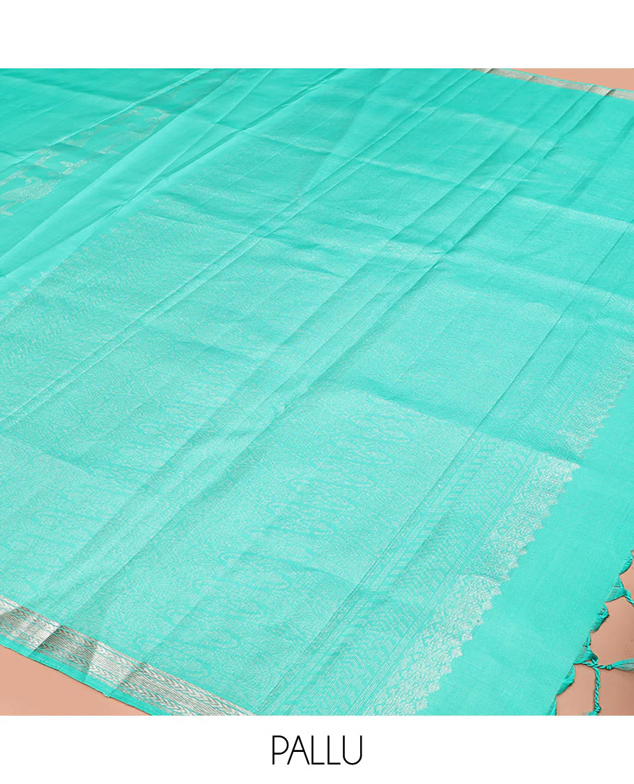 Turquoise zari design Mayuri soft silk saree, zari border of kathir designs, and zari-rich pallu - Image 5