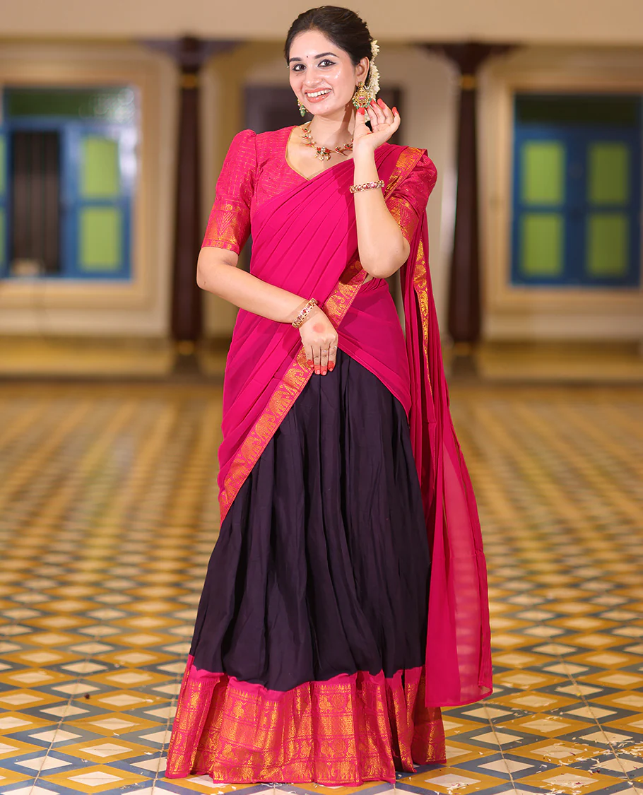 Violet and Rani Pink Plain Sungudi Cotton Half-saree, Complemented by Captivating Contrast Traditional Zari Border of Temple, Peacock, and Elephant Designs, Paired with a Contrast Zari Checked Blouse, and Comes with a Zari-Bordered Vichitra Silk Dhavani - Image 3