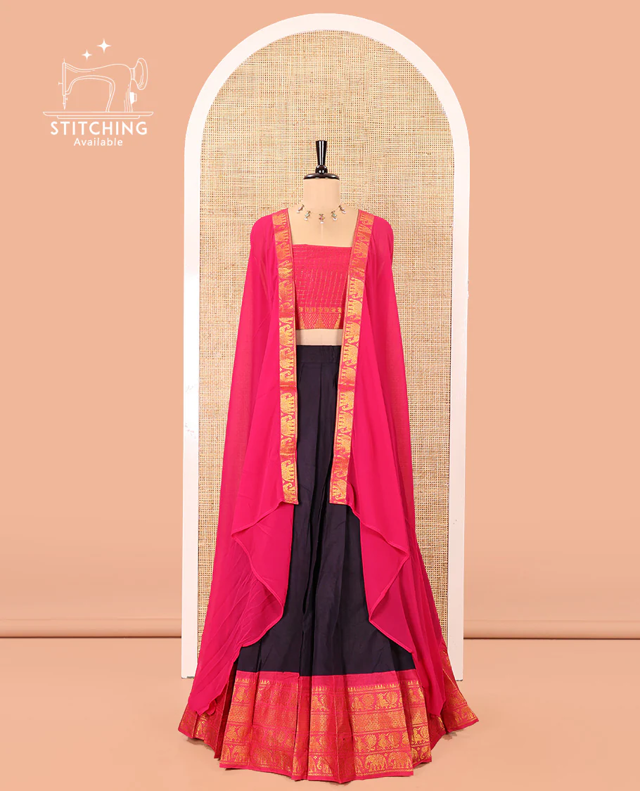 Violet and Rani Pink Plain Sungudi Cotton Half-saree, Complemented by Captivating Contrast Traditional Zari Border of Temple, Peacock, and Elephant Designs, Paired with a Contrast Zari Checked Blouse, and Comes with a Zari-Bordered Vichitra Silk Dhavani - Image 5