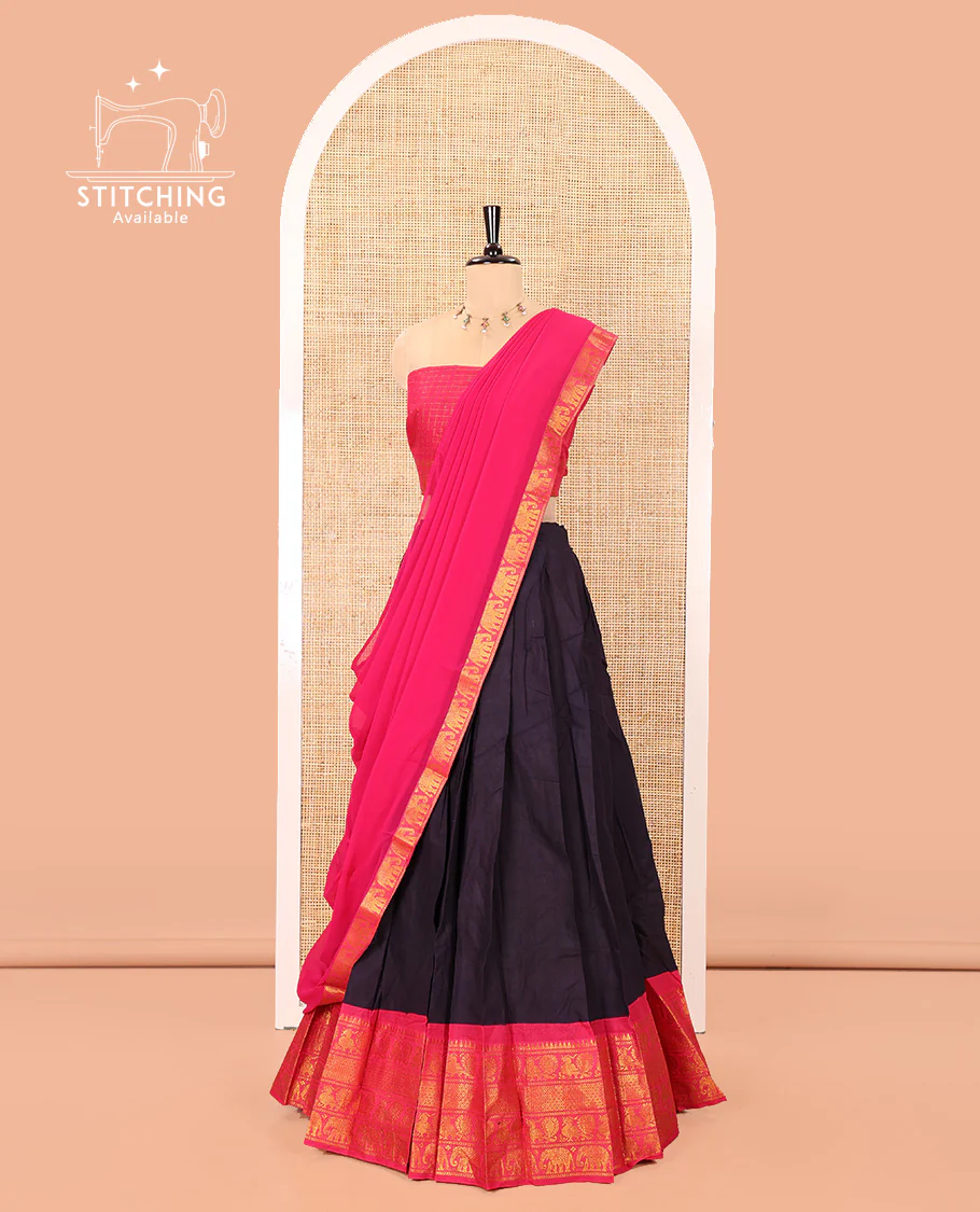 Violet and Rani Pink Plain Sungudi Cotton Half-saree, Complemented by Captivating Contrast Traditional Zari Border of Temple, Peacock, and Elephant Designs, Paired with a Contrast Zari Checked Blouse, and Comes with a Zari-Bordered Vichitra Silk Dhavani - Image 6