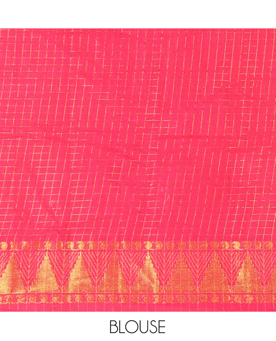 Violet and Rani Pink Plain Sungudi Cotton Half-saree, Complemented by Captivating Contrast Traditional Zari Border of Temple, Peacock, and Elephant Designs, Paired with a Contrast Zari Checked Blouse, and Comes with a Zari-Bordered Vichitra Silk Dhavani - Image 7