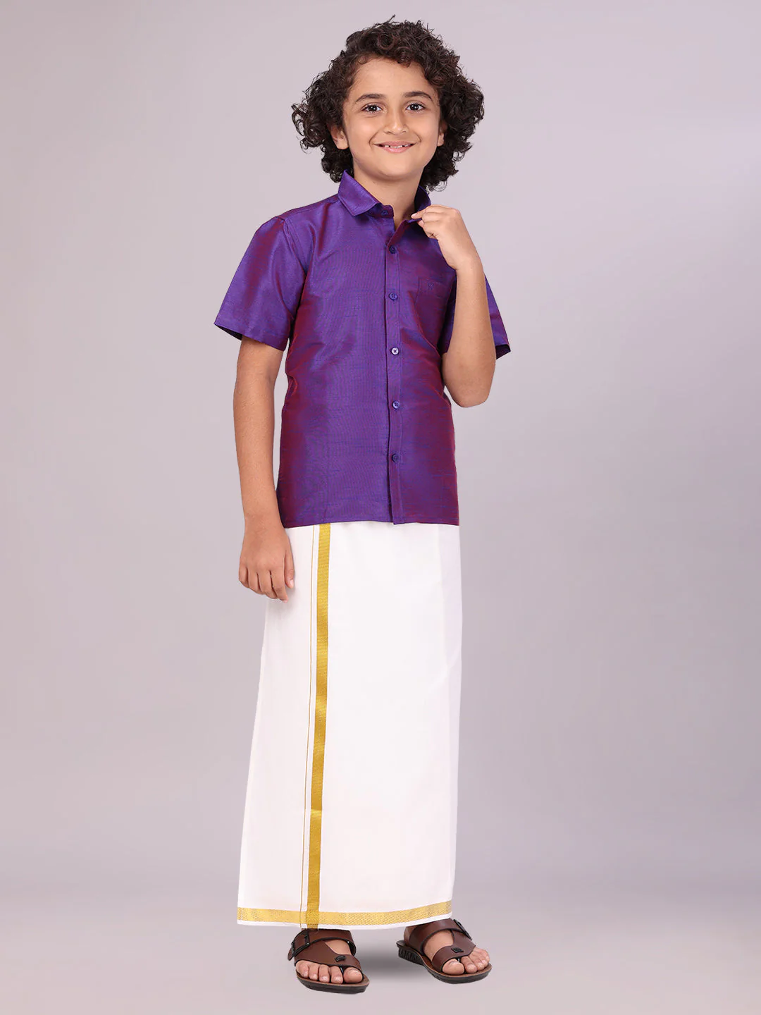 Boys Violet Color Half Sleeves Shirt with Gold Jari Flexi Dhoti Adorable Boy - Image 2