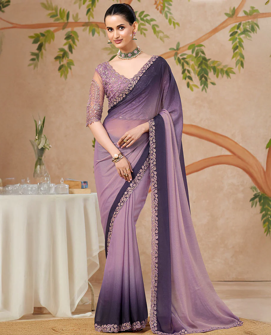 Violet Designer Saree Featuring Ombre-Color Dyed All Over the Saree, Highlighted with Floral Creeper Embroidered Scallop Border, and Comes with a Contrast Floral Embroidered Blouse