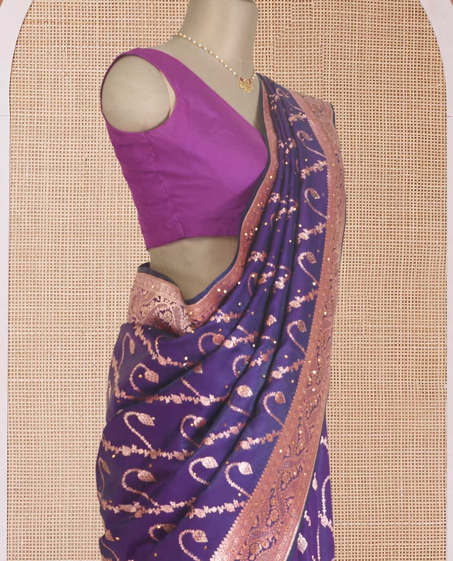 Violet diagonal floral stripes with stone work Banaras Nylon silk saree, traditional zari design border, and intricate pallu - Image 3