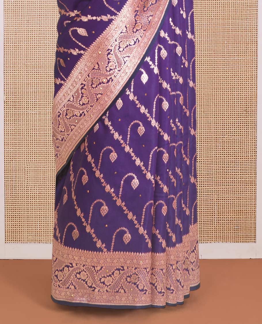 Violet diagonal floral stripes with stone work Banaras Nylon silk saree, traditional zari design border, and intricate pallu - Image 4