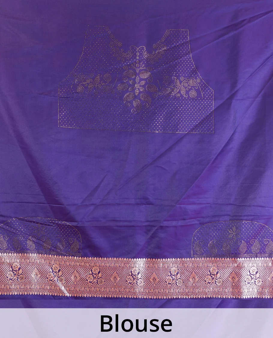 Violet diagonal floral stripes with stone work Banaras Nylon silk saree, traditional zari design border, and intricate pallu - Image 5