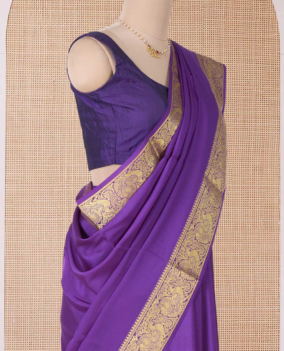 Purple embossed Mysore silk saree, traditional peacock motifs zari woven border, and pallu of traditional designs - Image 2