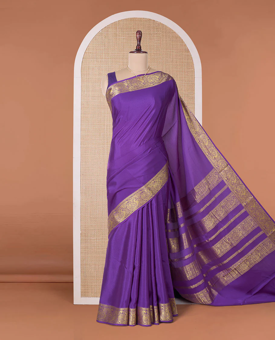 Purple embossed Mysore silk saree, traditional peacock motifs zari woven border, and pallu of traditional designs - Image 3