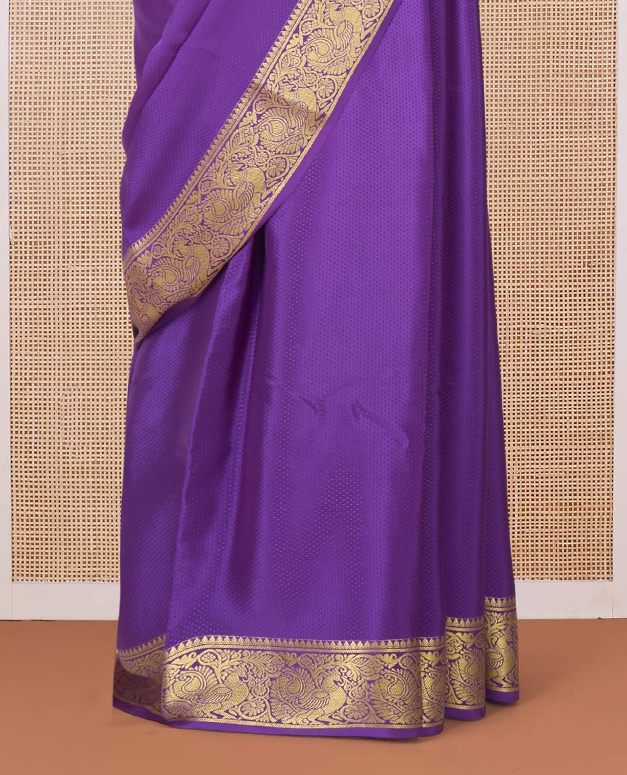 Purple embossed Mysore silk saree, traditional peacock motifs zari woven border, and pallu of traditional designs - Image 4