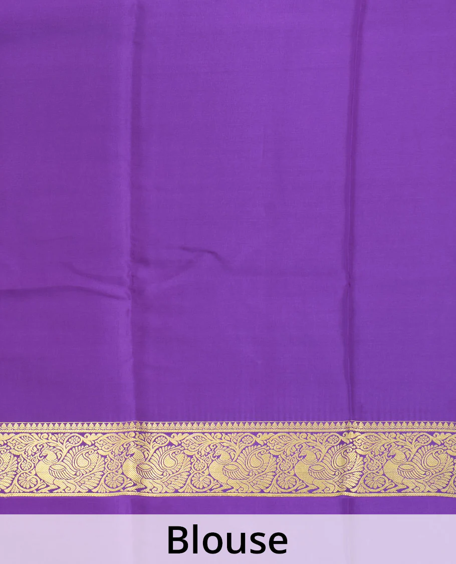 Purple embossed Mysore silk saree, traditional peacock motifs zari woven border, and pallu of traditional designs - Image 5