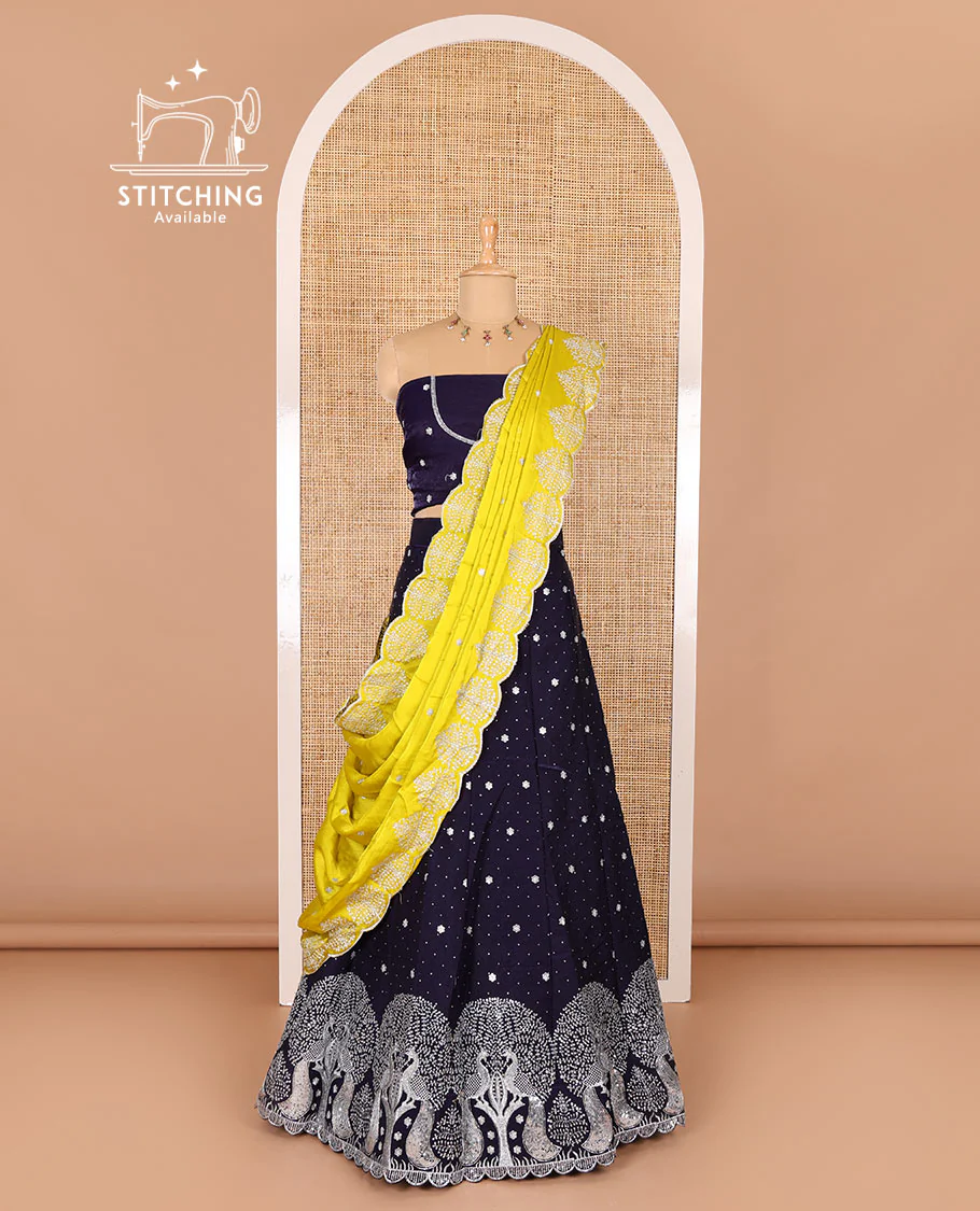 Violet half-saree, buttas, tree, and peacock motifs embroidered semi-taffeta silk top, matching blouse, and contrast scallop embroidered dhavani