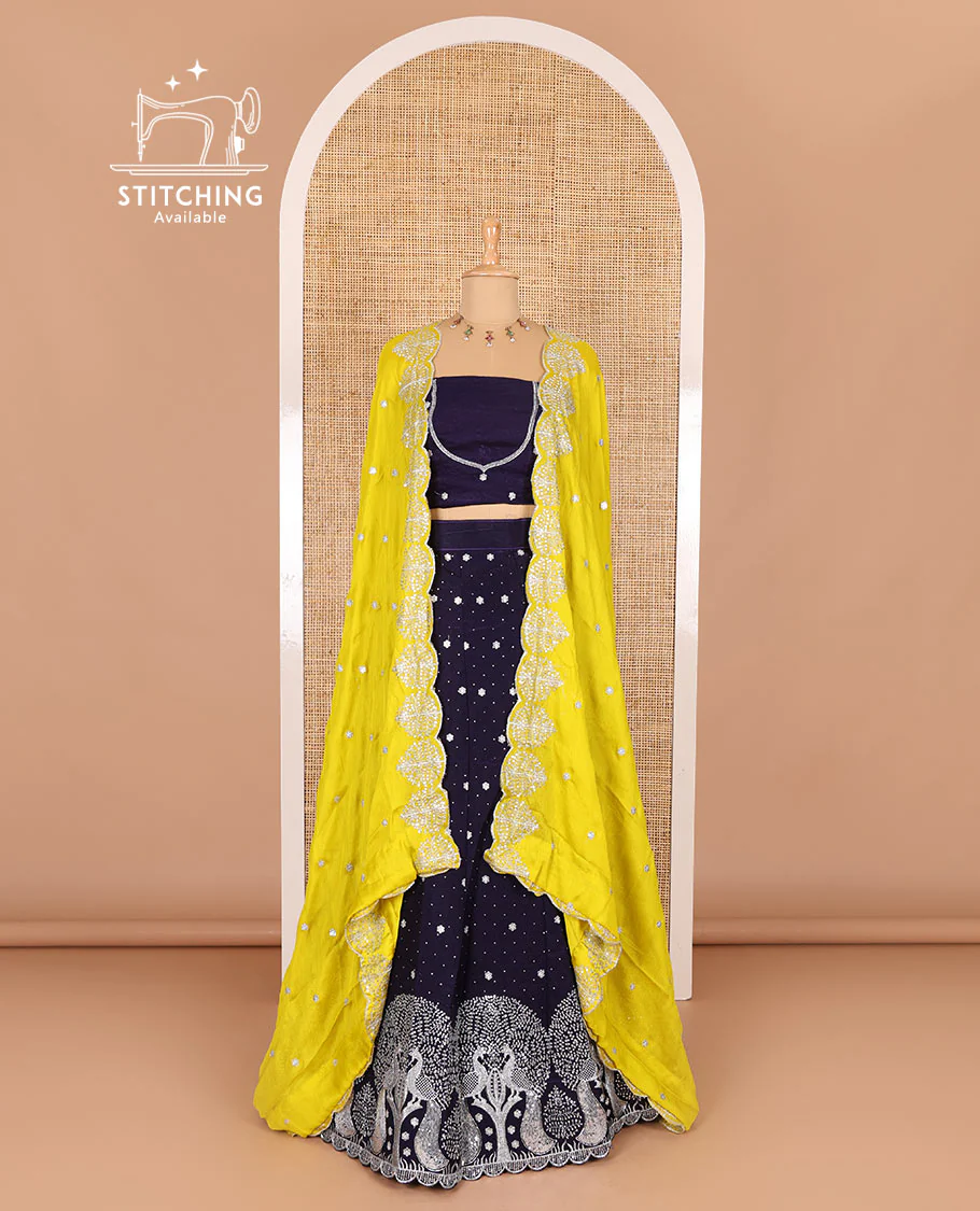 Violet half-saree, buttas, tree, and peacock motifs embroidered semi-taffeta silk top, matching blouse, and contrast scallop embroidered dhavani - Image 2