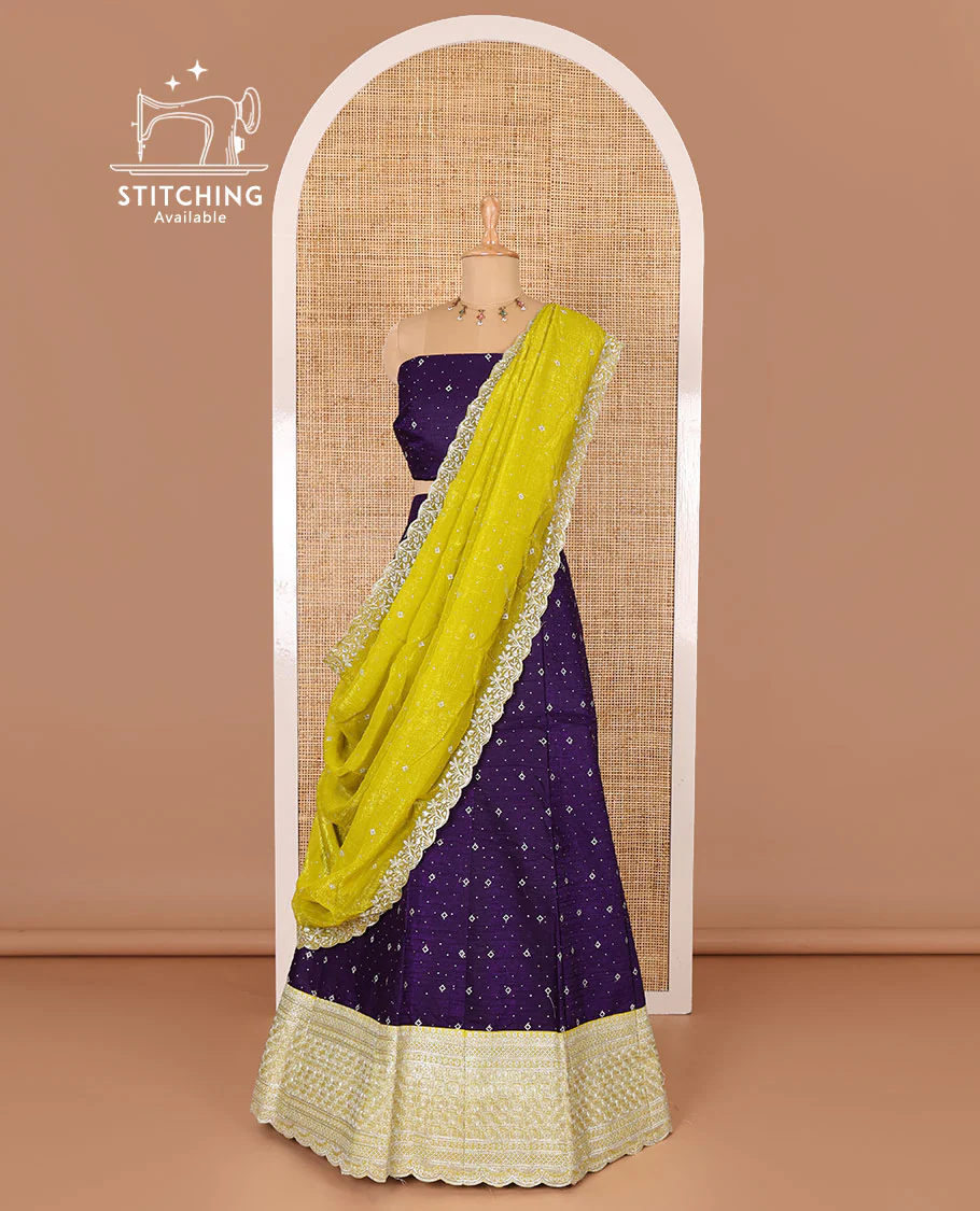 Violet half-saree, floral motifs embroidered semi raw silk top, matching embroidered blouse, and contrast scallop embroidered georgette dhavani - Image 3