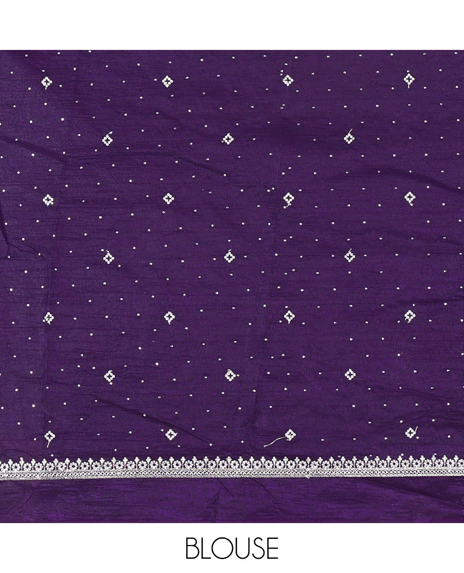 Violet half-saree, floral motifs embroidered semi raw silk top, matching embroidered blouse, and contrast scallop embroidered georgette dhavani - Image 4