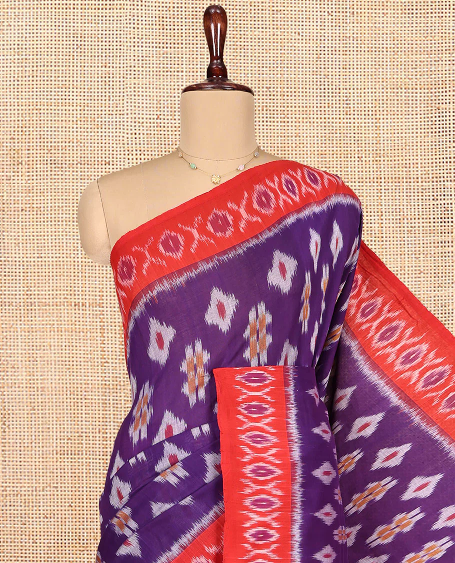 Violet Ikkat Cotton Saree, Showcasing Ikkat Buttas All Over Its Body, Complemented by a Contrast Ikkat-Style Border, Chevron Striped Pallu, and Paired with a Contrast Blouse - Image 2