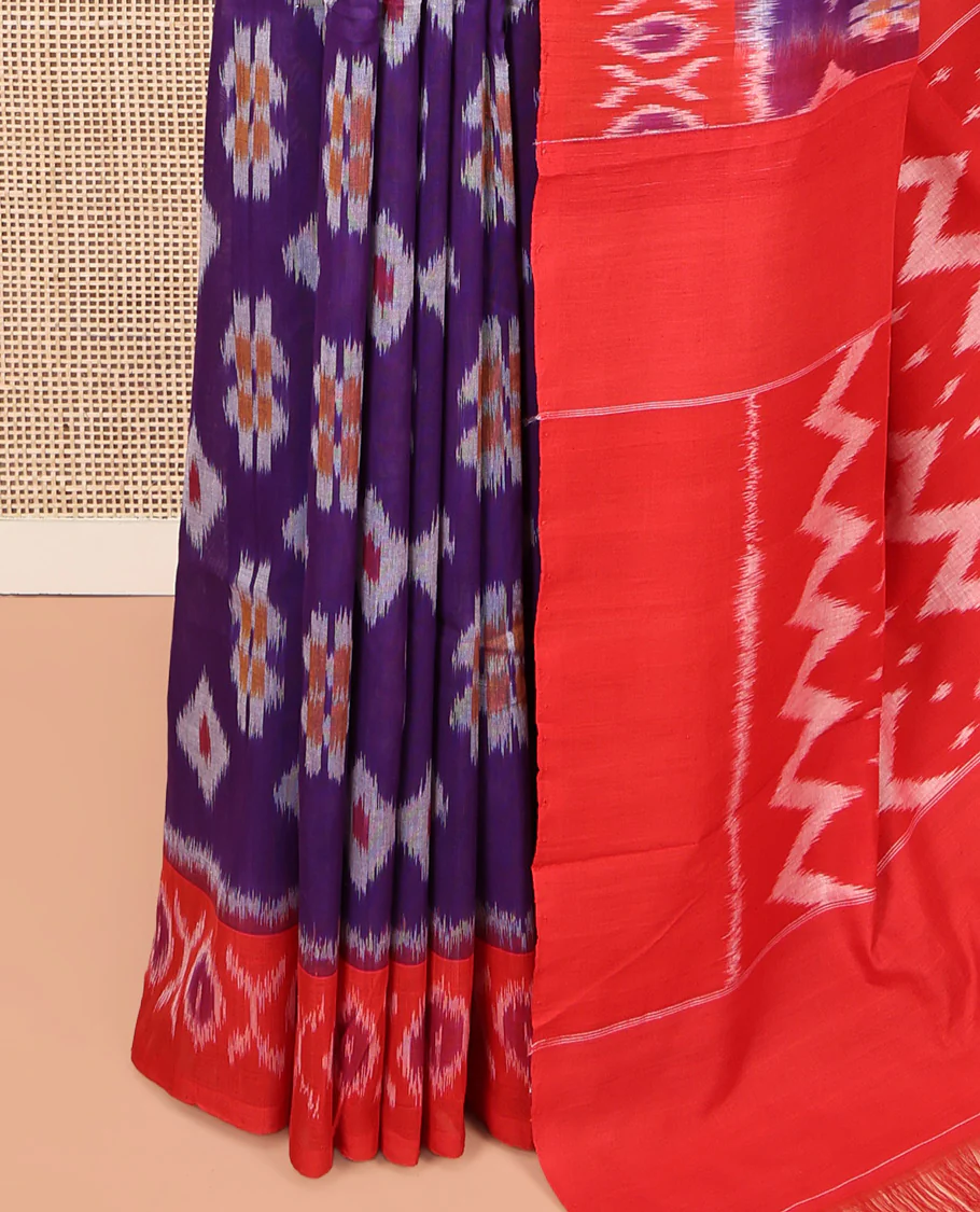 Violet Ikkat Cotton Saree, Showcasing Ikkat Buttas All Over Its Body, Complemented by a Contrast Ikkat-Style Border, Chevron Striped Pallu, and Paired with a Contrast Blouse - Image 3
