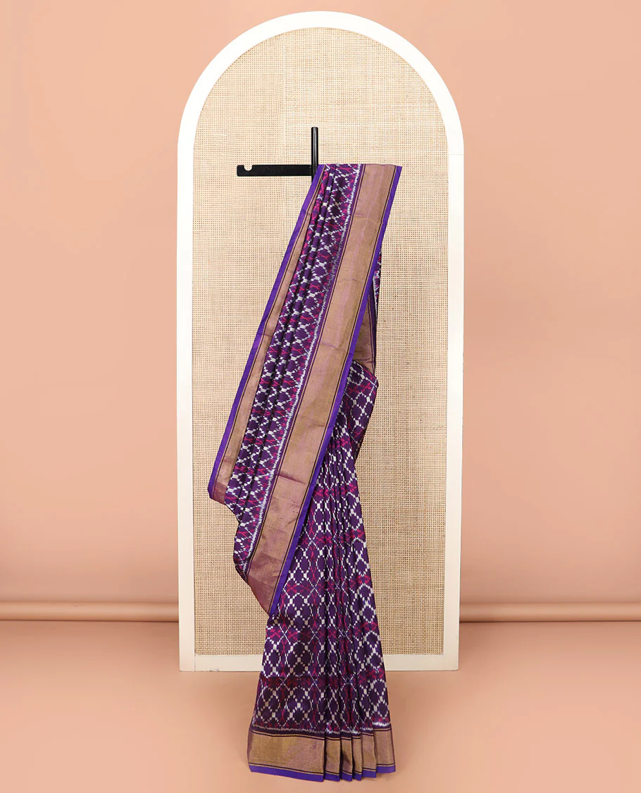 Violet Ikkat Silk Saree Elevated with Ikkat Geometric Designs, Subtly Designed Plain Zari Border, Ikkat Jaal-Patterned Pallu, and a Matching Blouse - Image 2