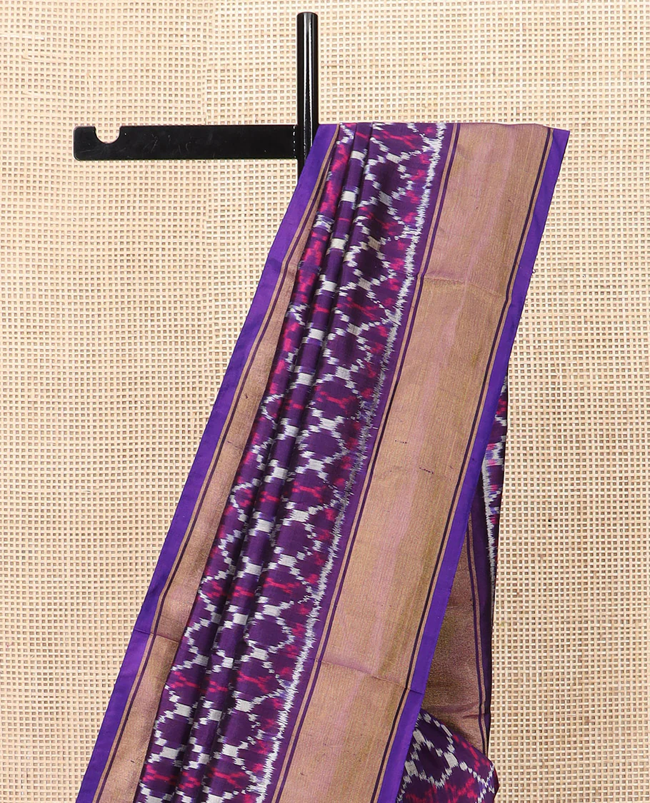 Violet Ikkat Silk Saree Elevated with Ikkat Geometric Designs, Subtly Designed Plain Zari Border, Ikkat Jaal-Patterned Pallu, and a Matching Blouse - Image 3