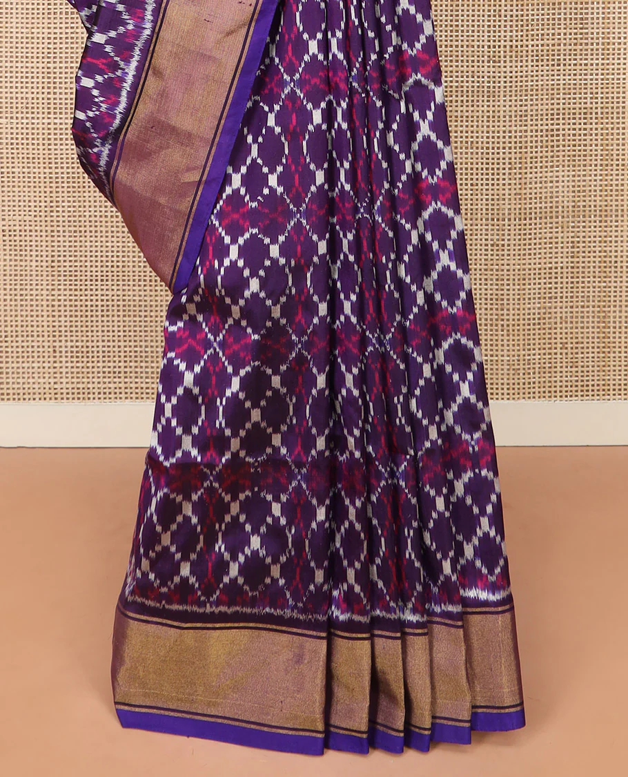 Violet Ikkat Silk Saree Elevated with Ikkat Geometric Designs, Subtly Designed Plain Zari Border, Ikkat Jaal-Patterned Pallu, and a Matching Blouse - Image 4