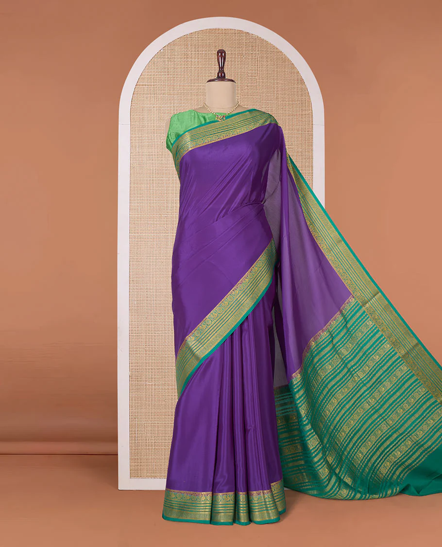 Violet plain Mysore silk saree, contrast traditional zari border of Peacock chakram, and pallu steeped with traditional zari designs - Image 2
