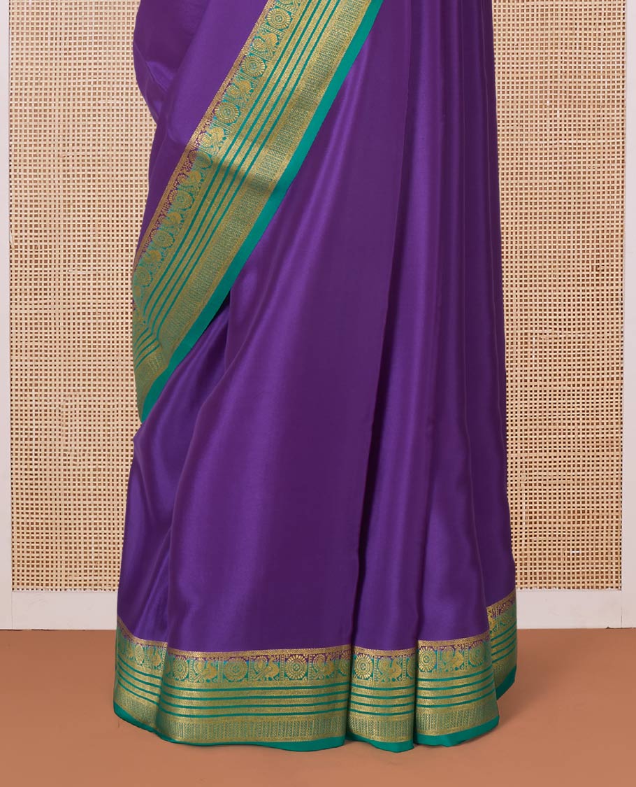 Violet plain Mysore silk saree, contrast traditional zari border of Peacock chakram, and pallu steeped with traditional zari designs - Image 4