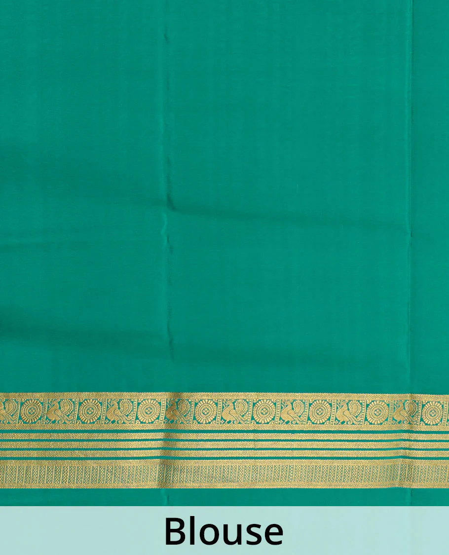 Violet plain Mysore silk saree, contrast traditional zari border of Peacock chakram, and pallu steeped with traditional zari designs - Image 5