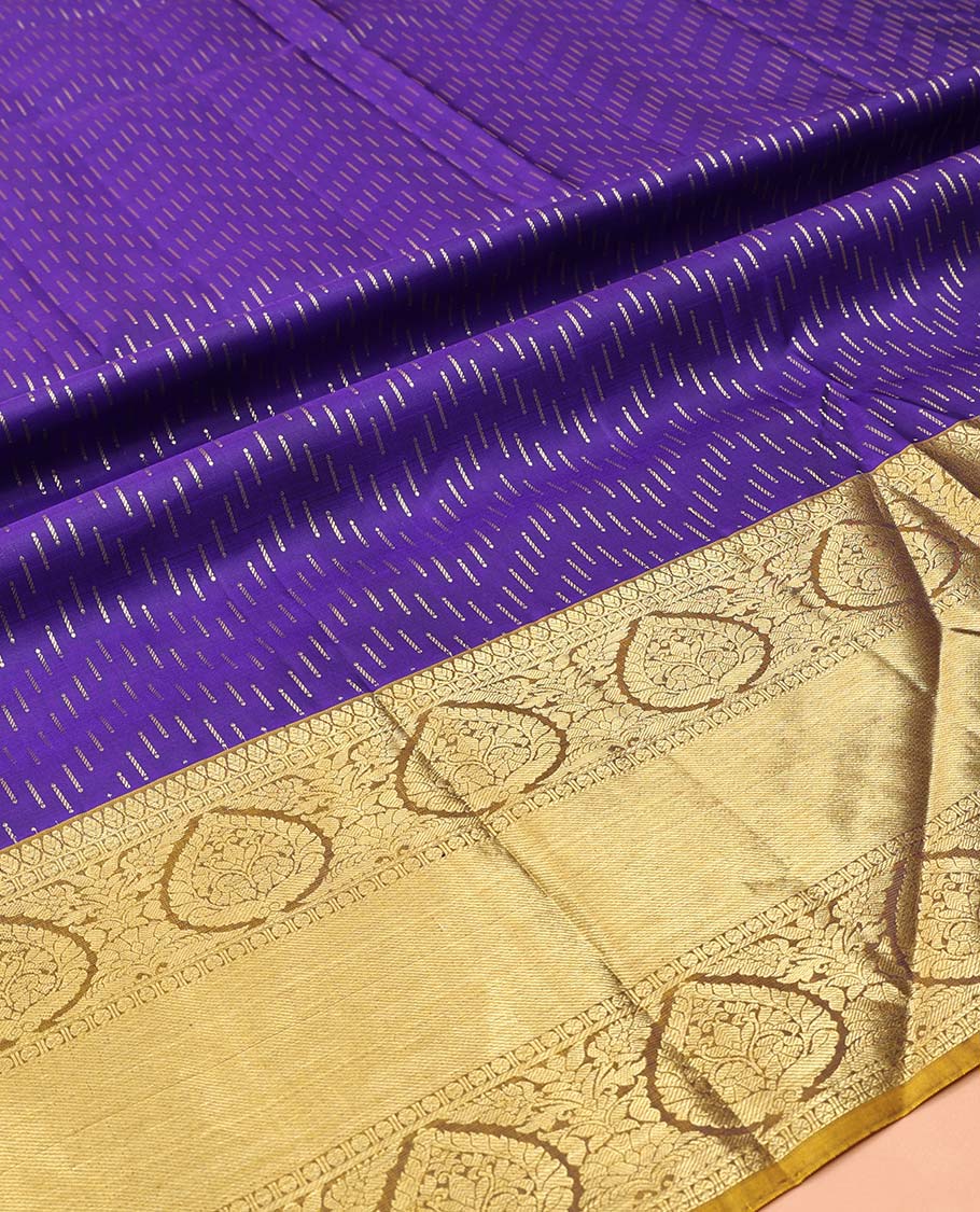 Violet Pure Silk Half-Saree, Finely Crafted with Zari Buttas on Its Skirt, Complemented by a Contrast Border Featuring Traditional Zari Designs, Comes with a Contrast Blouse and a Dhavani of Mayil-Chakram Enclosed Checks - Image 5
