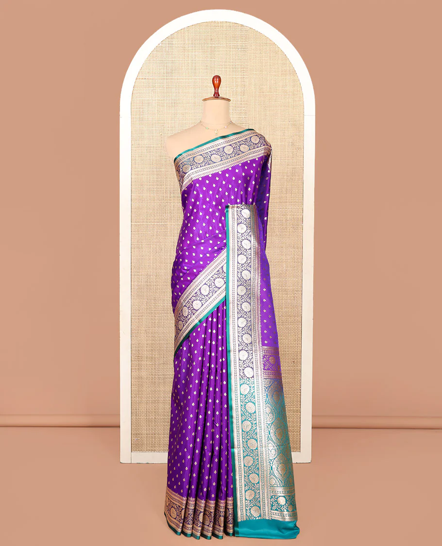 Violet Semi-Banaras Saree, Detailed with Buttas on Its Body, Complemented by a Contrast Floral Creeper Design Border, Intricately Designed Pallu, and Paired with a Contrast Blouse - Image 3