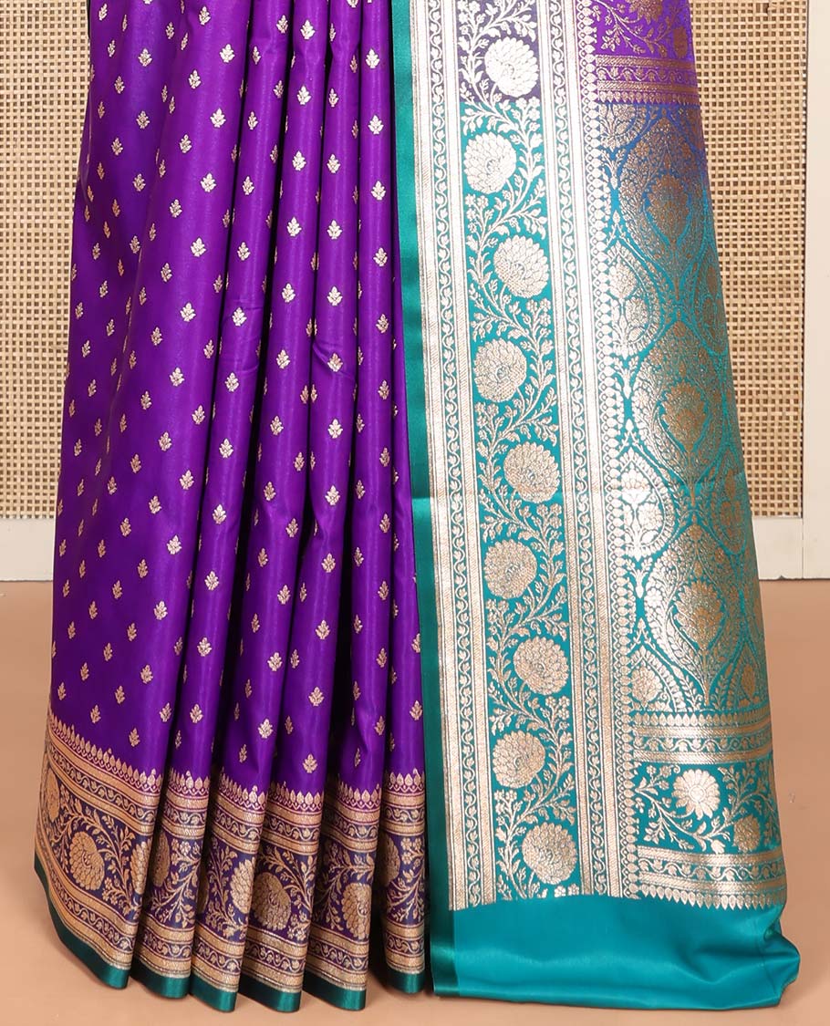 Violet Semi-Banaras Saree, Detailed with Buttas on Its Body, Complemented by a Contrast Floral Creeper Design Border, Intricately Designed Pallu, and Paired with a Contrast Blouse - Image 4