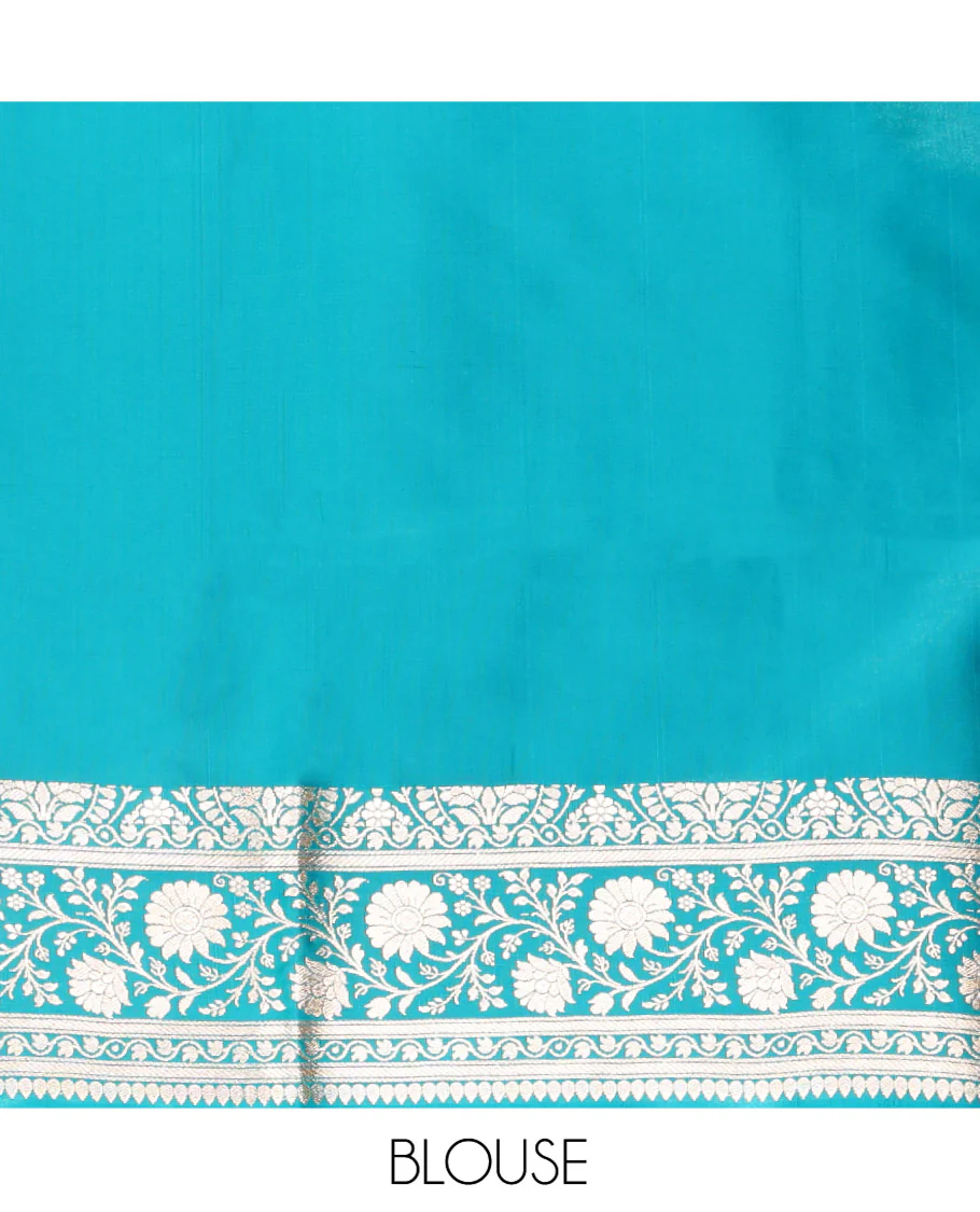 Violet Semi-Banaras Saree, Detailed with Buttas on Its Body, Complemented by a Contrast Floral Creeper Design Border, Intricately Designed Pallu, and Paired with a Contrast Blouse - Image 5