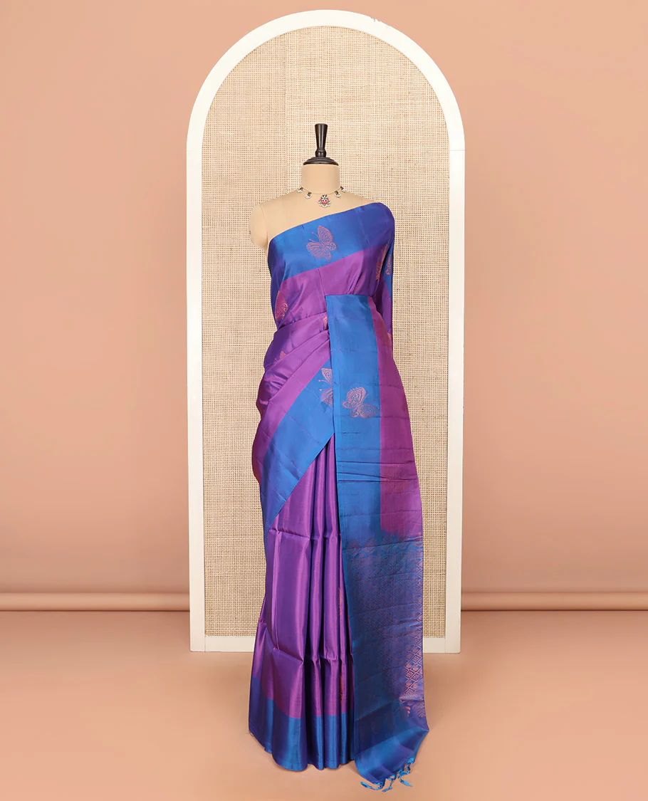 Violet Semi Uppada Saree Beautified with Butterfly Zari Buttas, Complemented by a Contrast Butterfly Motifs Woven Border, Elegantly Framed Pallu of Jaal Designs, and Paired with a Contrast Blouse - Image 3