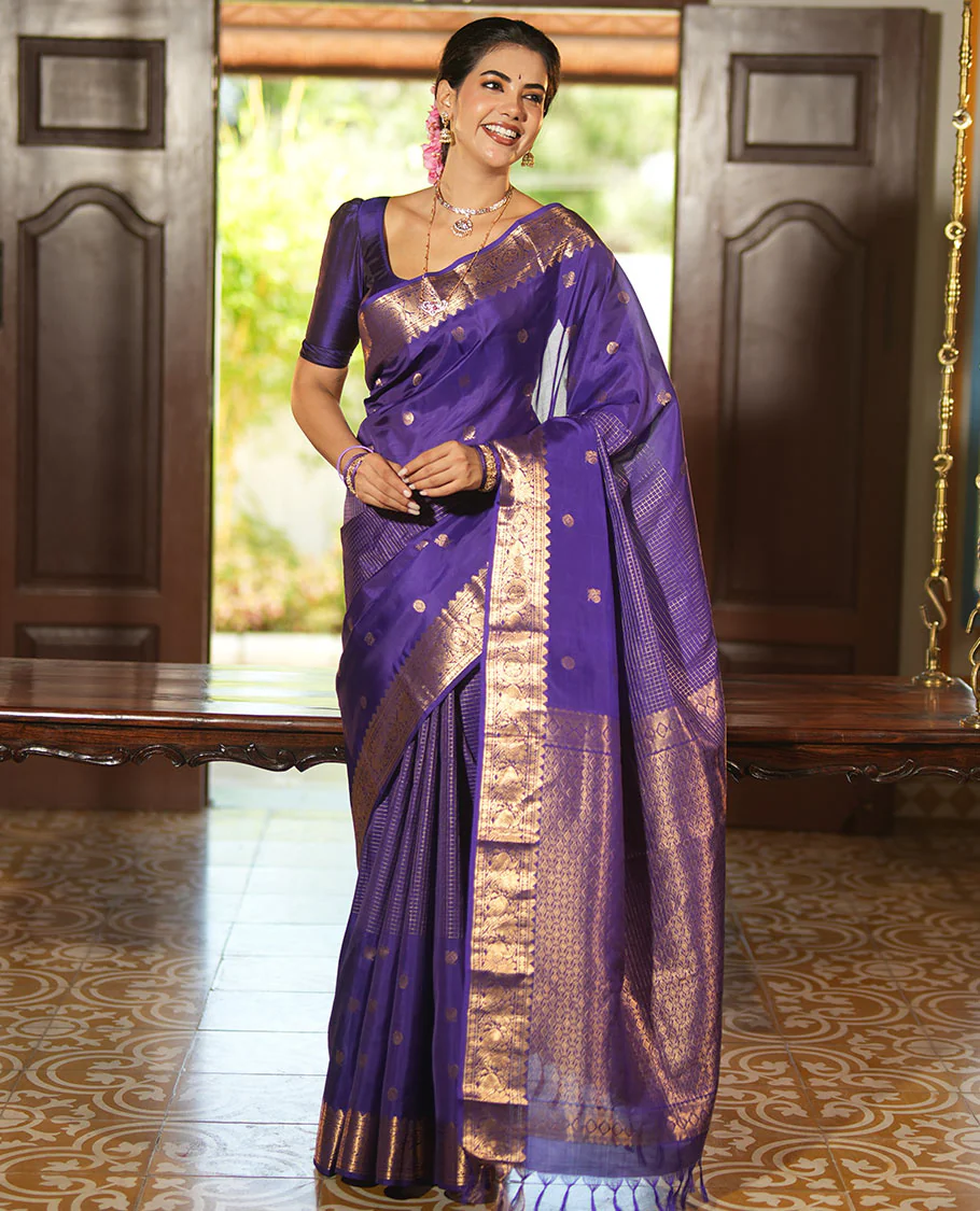 Violet Vasundhara Lite Silk Mix Saree, Artfully Detailed with Mayil-Chakram Buttas and Zari Checks All Over Its Body, Highlighted by a Zari Border of Thazampoo Rekkum, Paisa, Mayil, and Chakram Designs, a Grand Pallu, and Paired with a Matching Blouse - Image 3